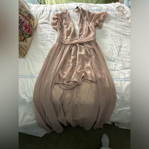Windsor Tan Backless Dress with shorts underneath and flowing dress around